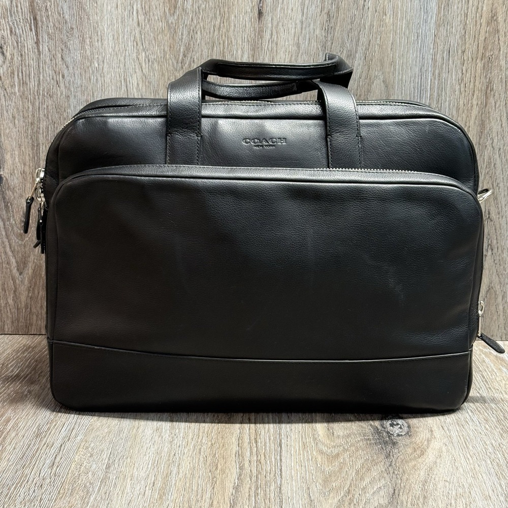 COACH 24 hour Smooth Black Leather Laptop Briefcase Messenger Bag — F72224